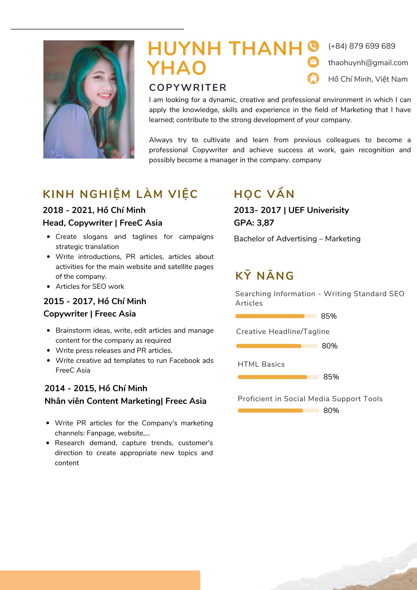 Tham khảo mẫu CV cho nhân viên Copywriter (nguồn: internet)