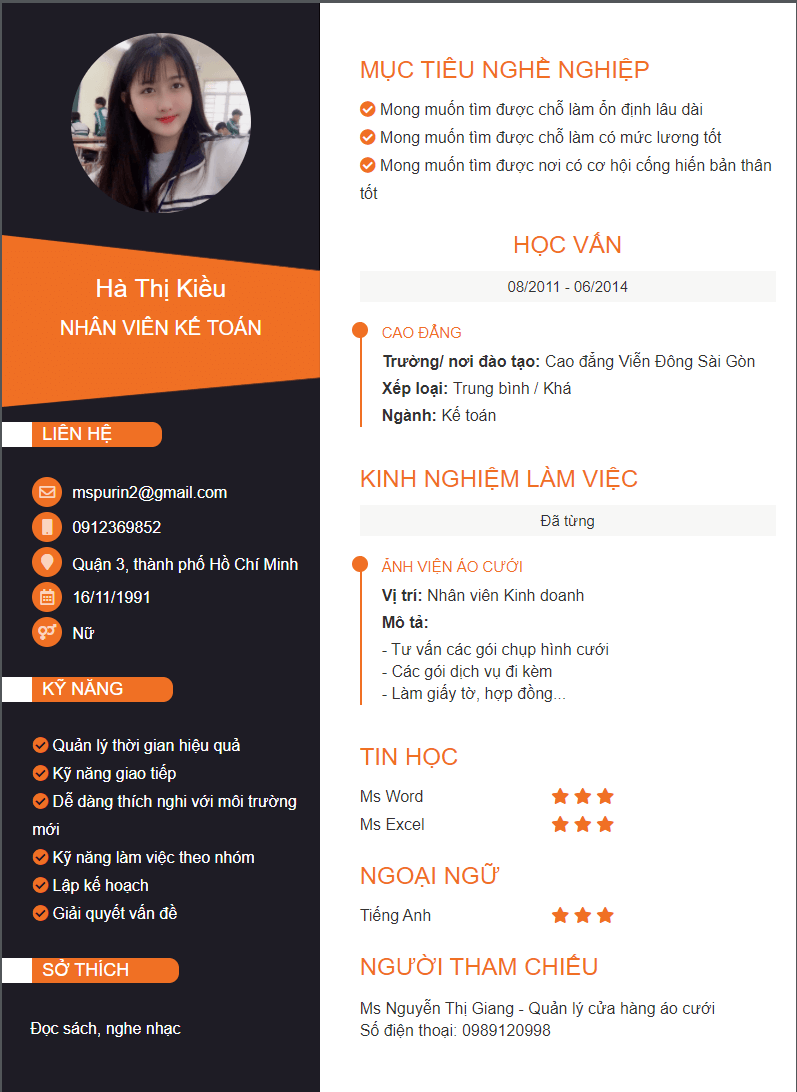 Mẫu CV kế toán đơn giản