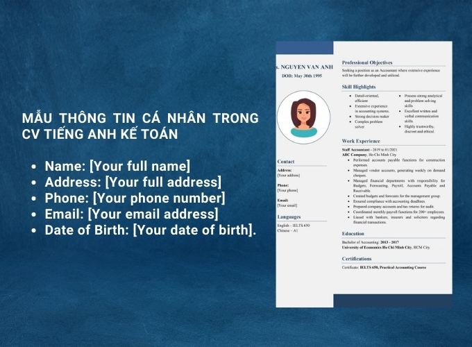 Mẫu thông tin cá nhân trong CV tiếng anh kế toán