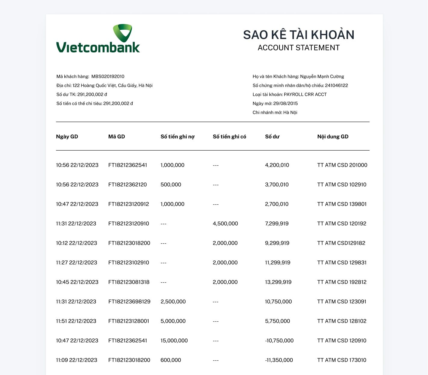 Bản sao kê từ Vietcombank