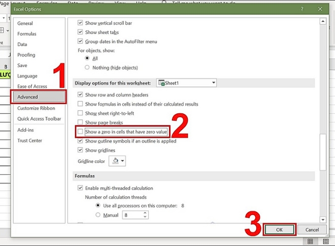 Ẩn số 0 trong Excel bằng cách thiết lập Tùy chọn (Options)