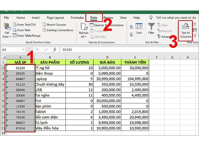 Dùng chức năng Text to Column