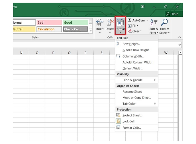 Ẩn dòng cột trong Excel nhấp vào tab Home, chọn Format, sau đó chọn Row Height và nhập 0 vào hộp Row Height (hoặc Columns Height).