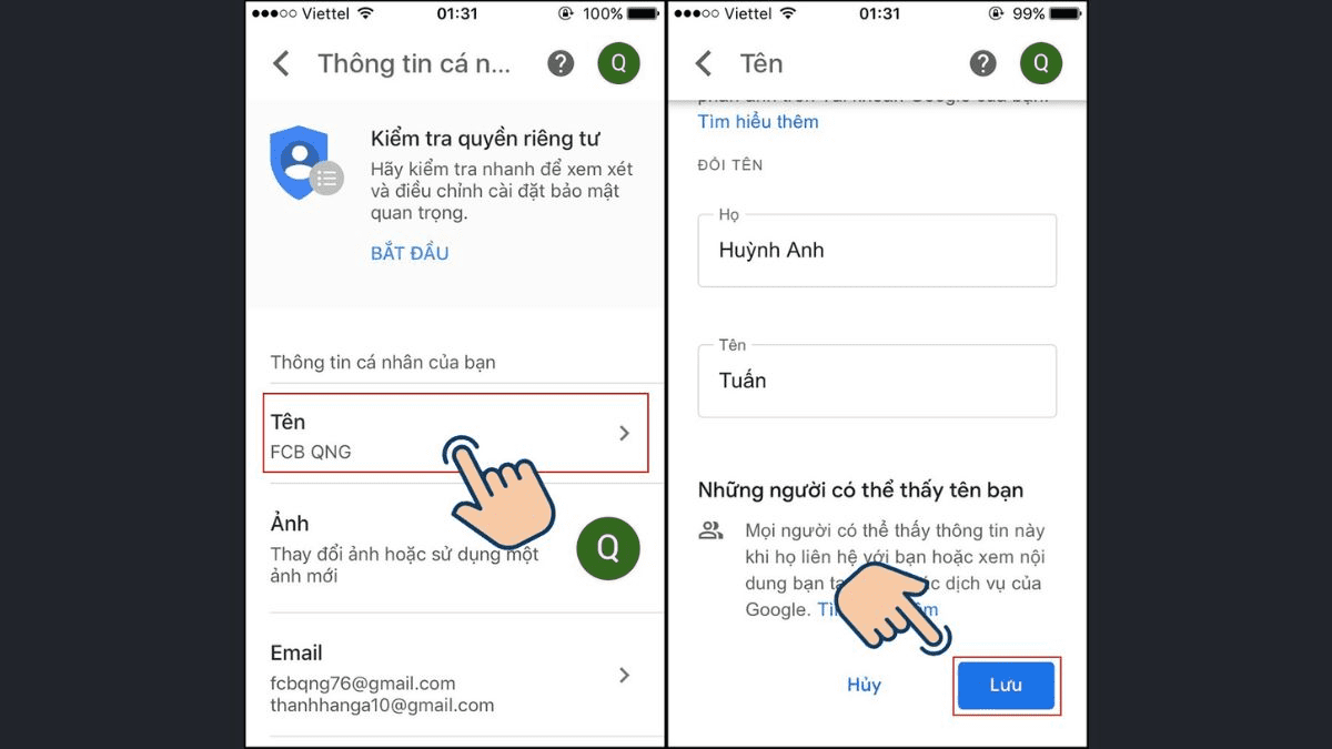 cách đổi tên email trên điện thoại