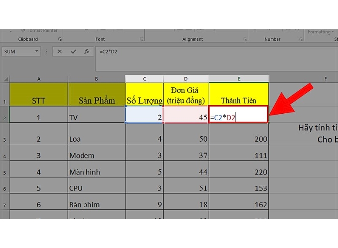 Cách tính nhân trong excel