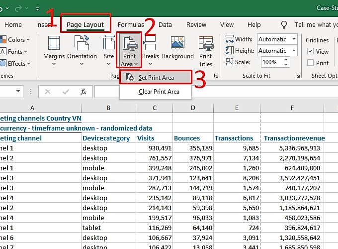 Căn chỉnh nhanh tại khu vực in Excel