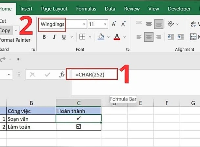 Đánh dấu tích bằng hàm CHAR trong excel