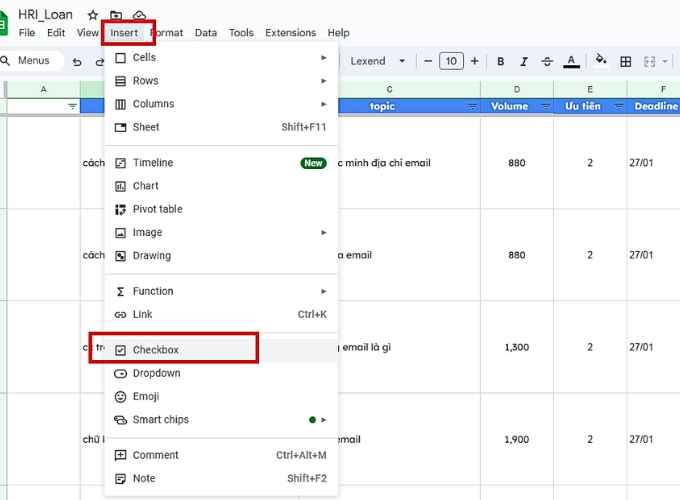 Đánh dấu tích trong Excel bằng Google Sheet