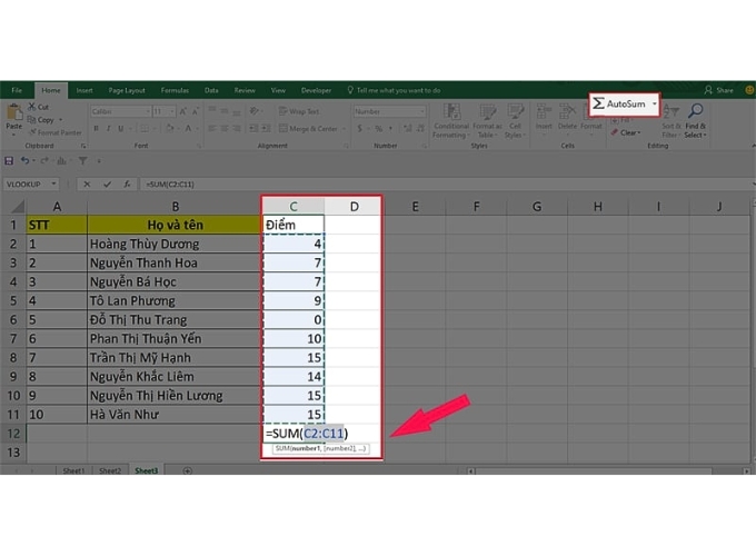 Cách tính tổng trong excel