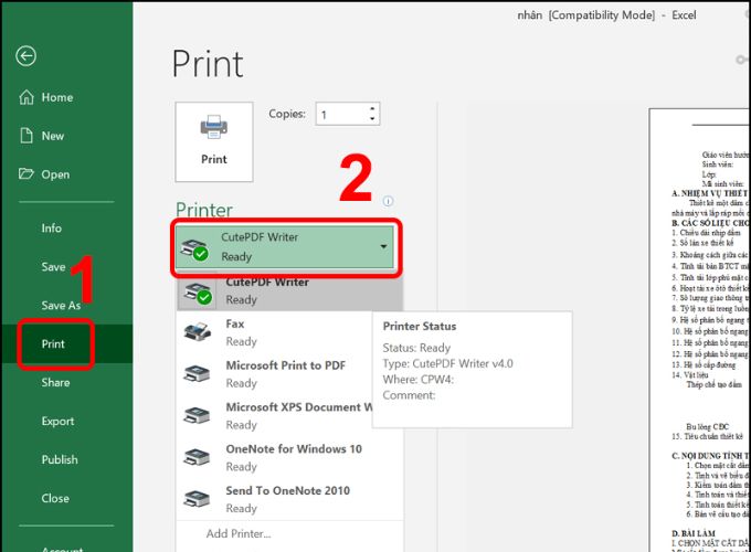 Cách chuyển Excel sang PDF bằng Cute PDF Writer
