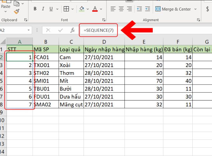 Sử dụng hàm SEQUENCE để điền số thứ tự trong excel