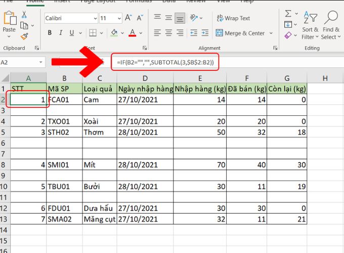 Sử dụng hàm SUBTOTAL lồng với IF để điền số thứ tự trong excel