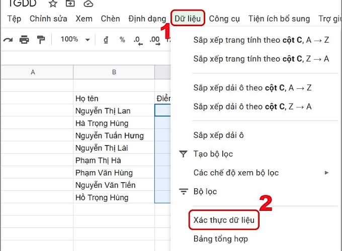 Cách tạo lựa chọn trong google sheet