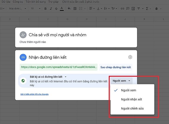 Tạo link google sheet và chọn quyền truy cập tùy chọn