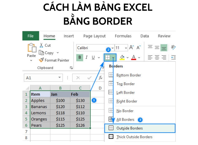 Cách làm bảng Excel bằng Border