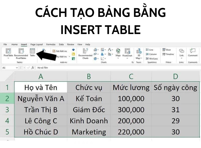 Cách tạo bảng bằng Insert Table