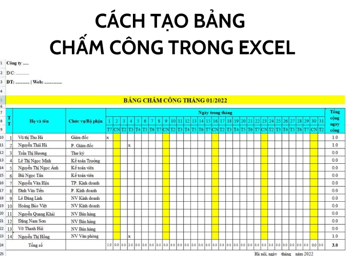 Cách tạo bảng chấm công trong excel