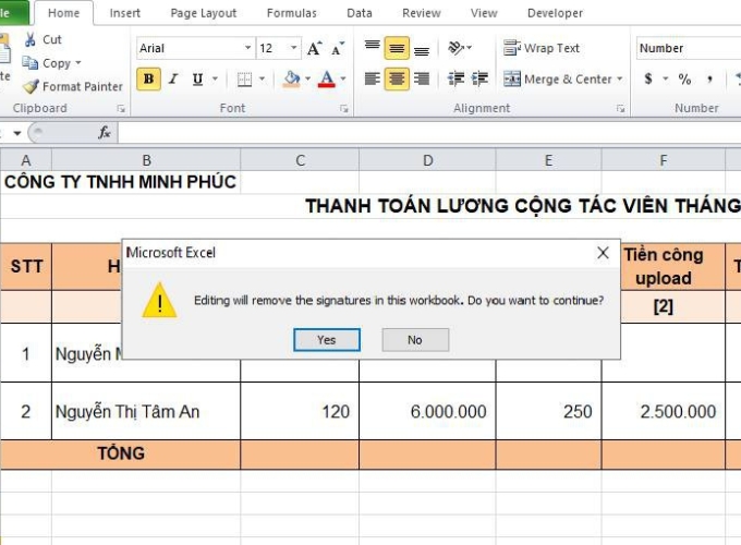 Cách xóa chữ ký trong excel