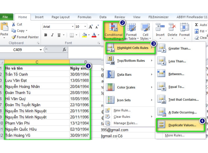 Sử dụng Conditional Formatting