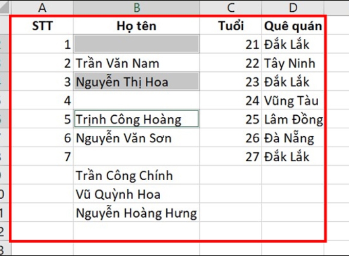 Thêm cột trong Excel bằng công cụ Insert