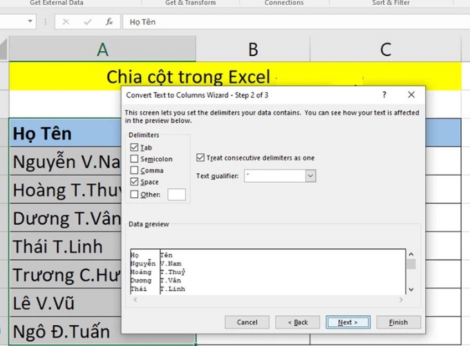 Bước 3 chia cột trong excel