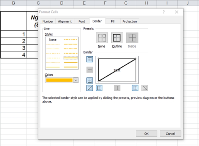 Bước 3 chia 1 ô excel thành 2 ô chéo tam giác