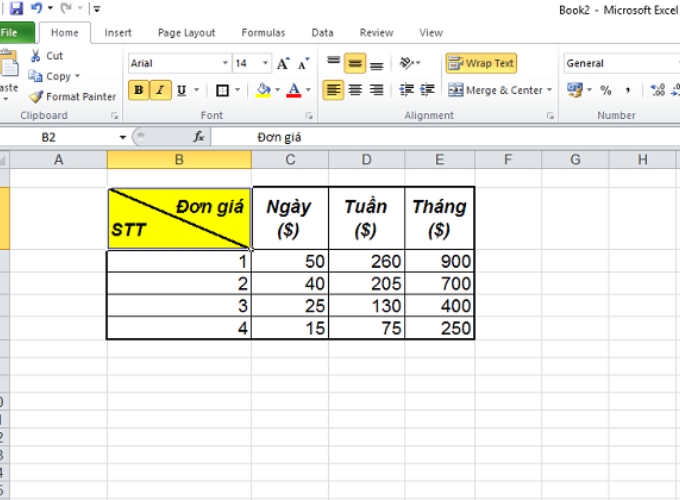 Bước 4 chia 1 ô excel thành 2 ô chéo tam giác