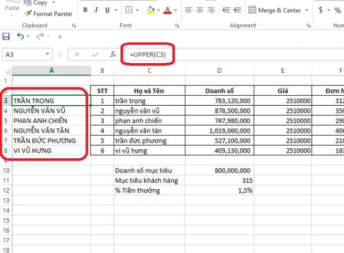 Cách đổi chữ thường thành chữ hoa trong excel bằng hàm UPPER