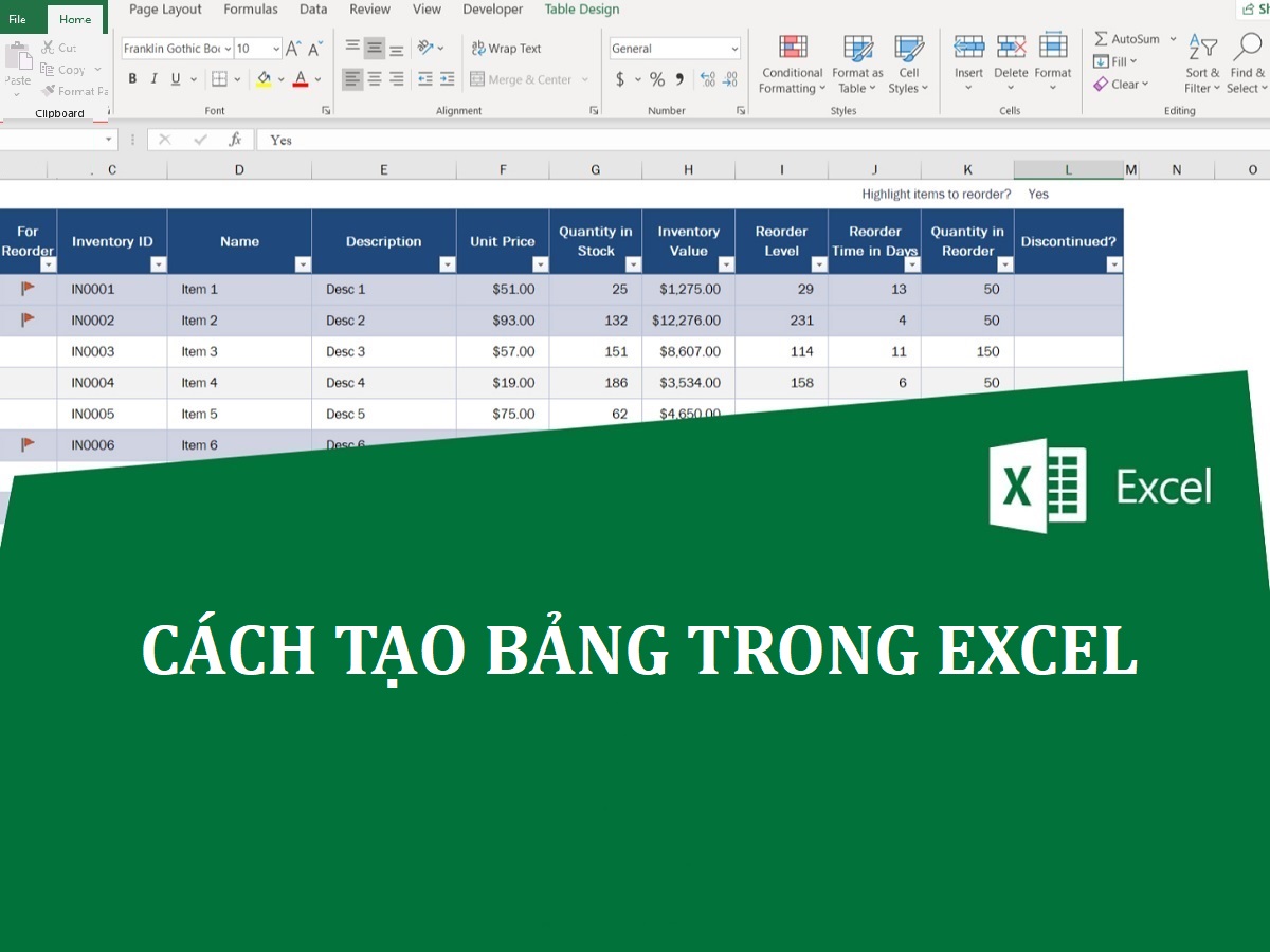 cách tạo bảng trong excel