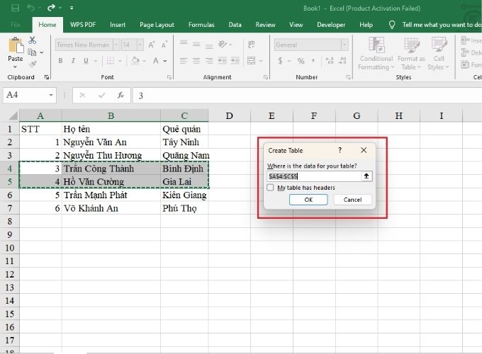 Xuất hiện hộp thoại "Where is the data for your table?" nhấn OK