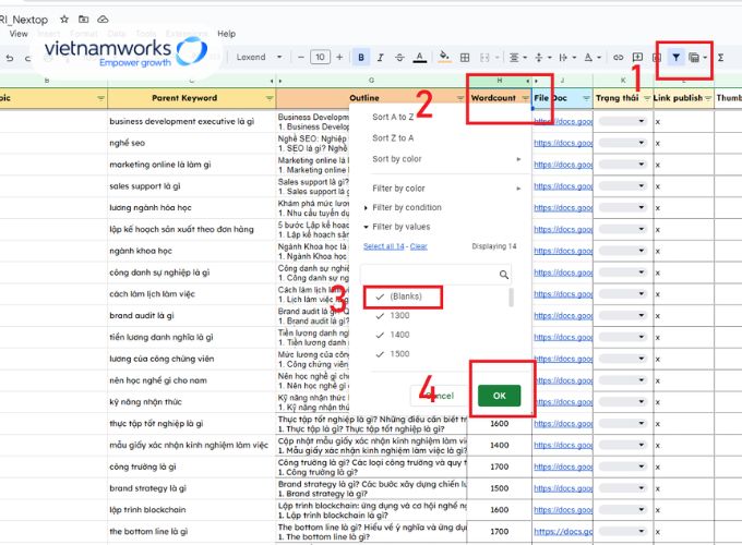 Phương pháp xóa dòng trống trong Google Sheet bằng tính năng Lọc