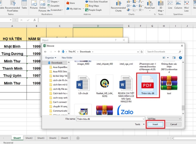 Cách chèn file PDF vào excel