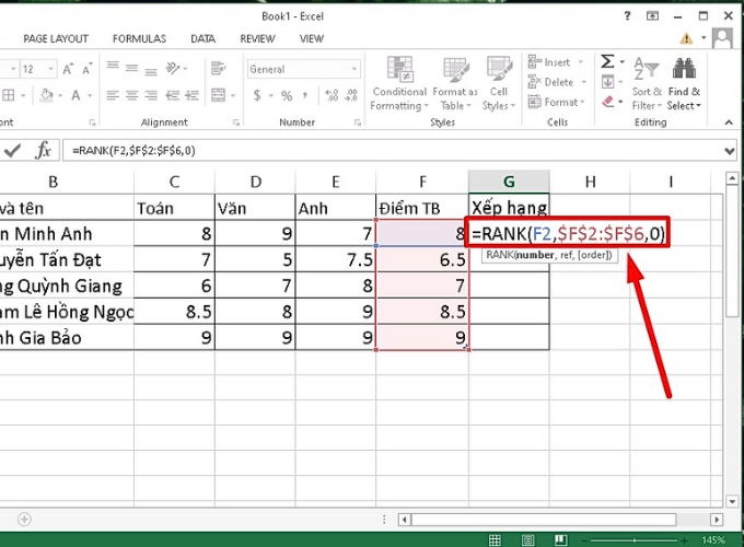 Cú pháp trong cách xếp hạng trong Excel