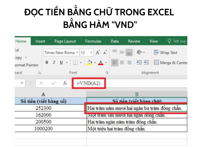 Các hàm đọc tiền bằng chữ trong excel hàm VND