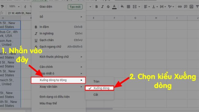 Cách Wrap text trong Google Sheet bước 2