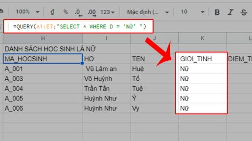 Cách sử dụng hàm QUERY có điều kiện Where