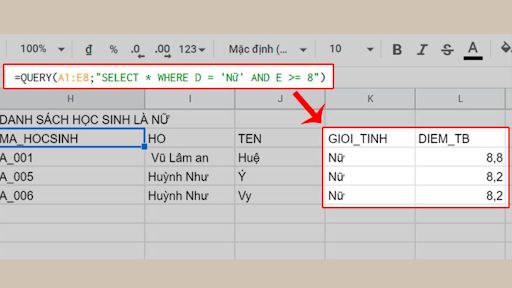 Hướng dẫn dùng hàm QUERY có điều kiện Where