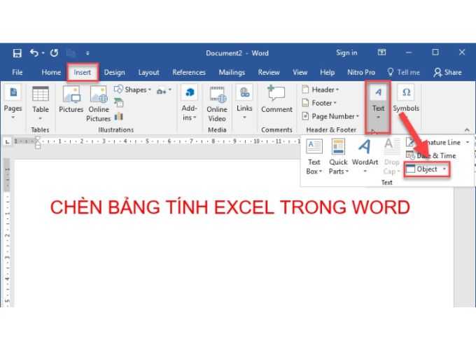 Chèn Excel vào word bằng lệnh Insert