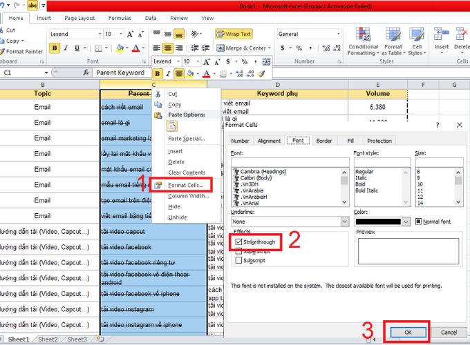 Cách bỏ gạch ngang chữ trong Excel