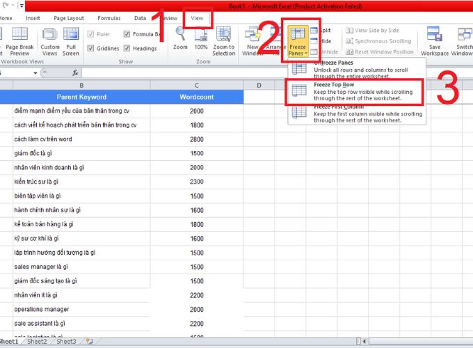 Các bước cố định dòng đầu tiên trong excel