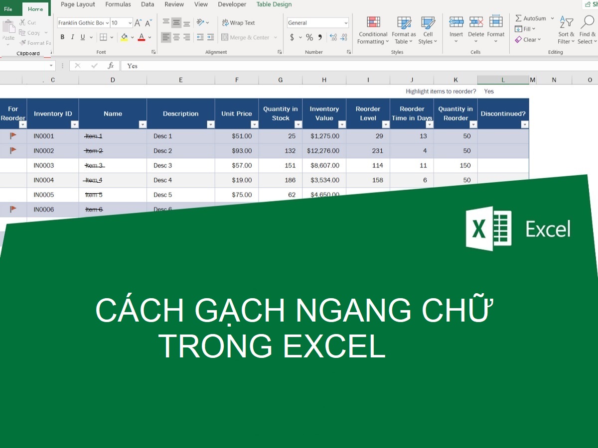 cách gạch ngang chữ trong excel