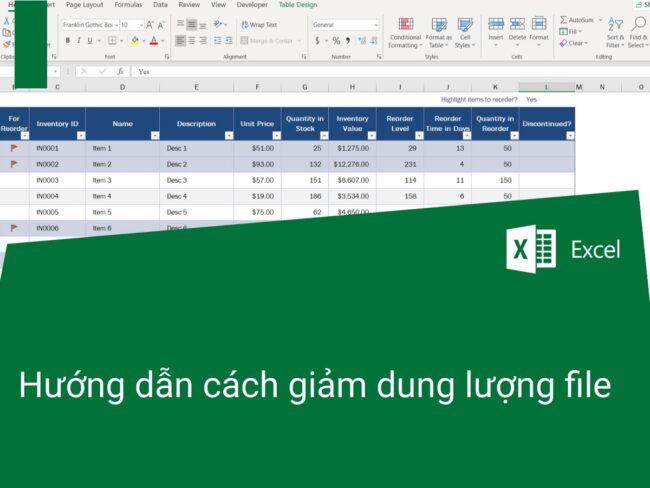 cách giảm dung lượng file excel