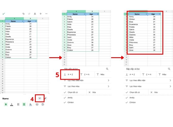 cách sắp xếp tên theo ABC trong Google Sheet qua điện thoại