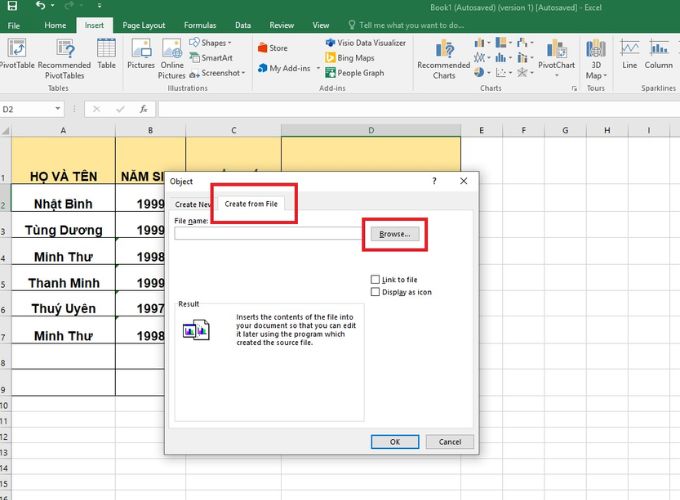 Chèn file định dạng Word, PowerPoint vào Excel