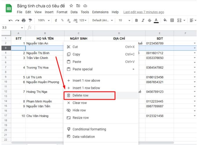 Cách xóa hàng trống trong Google Sheet