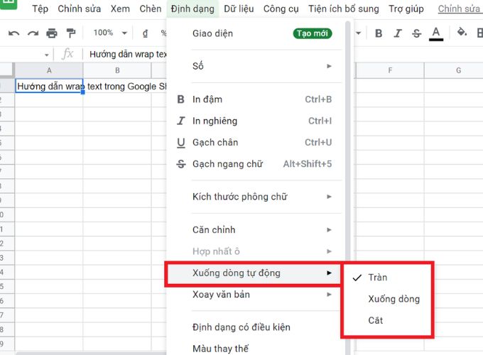 Xuống dòng trong Google Sheet bằng Wrap Text