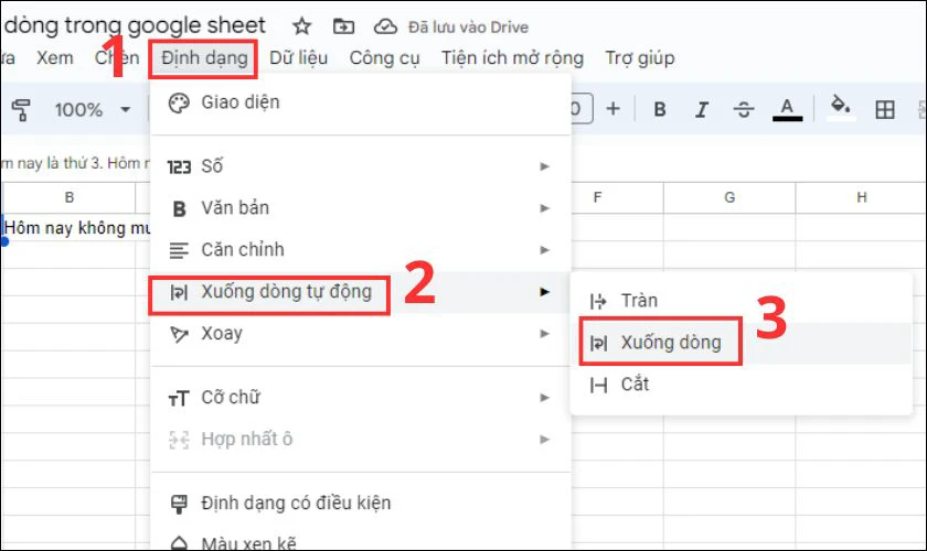 Xuống dòng tự động trong ô Google Sheets