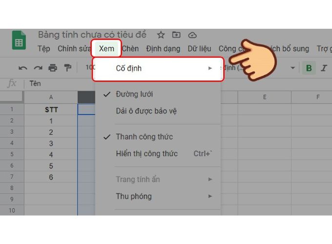 Cố định 1 hàng trong Google Sheet 2