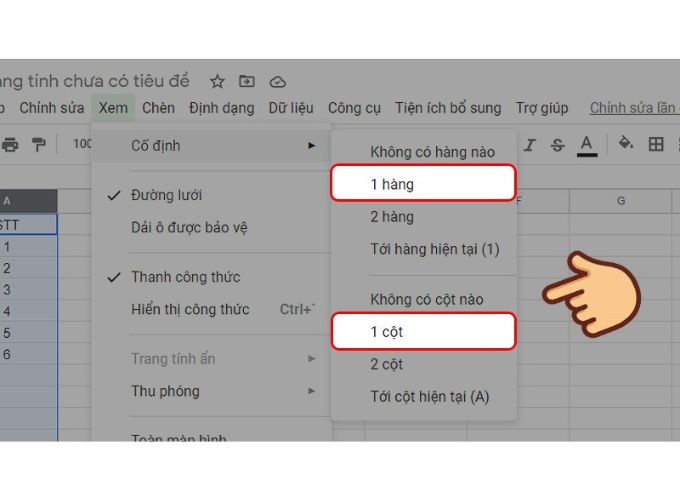 Cố định 1 hàng trong Google Sheet 3