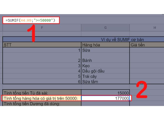 Hàm SUMIF với điều kiện số